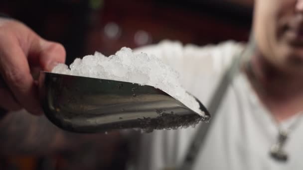Slow Motion Close Video Bartender Pouring Ice Glass Preparation Cold — Video