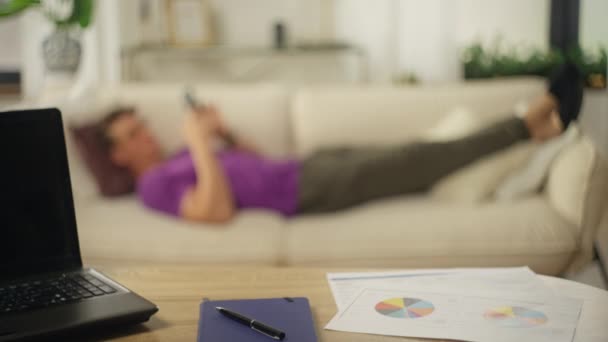 Businessman Took Break Home Office Lies Phone Sofa Man Uses — Stockvideo