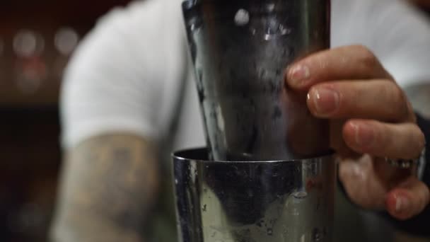 Preparation Aromatic Alcoholic Cocktail Shaker Mesmerizing Pouring Liquid Shaker High — Vídeo de stock