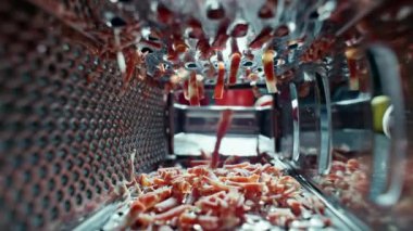 Slow motion close-up video of grating red cheese for pizza and pasta in the kitchen. The chef prepares ingredients for cooking in the restaurant. High quality 4k footage