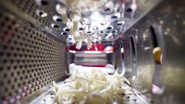 Slow Motion Close Chef Grating Mozzarella Cheese Kitchen Cutting Cheese — Vídeo de stock