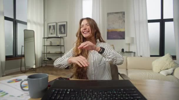 Caucasian Woman Laughing Happy While Chatting Video Call Home Office — Vídeos de Stock