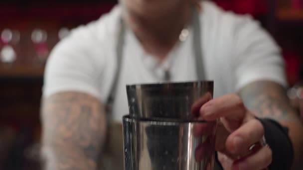 Professional Pouring Liquid Ice Shaker Spectacular Preparation Delicious Cocktail Bartender — Vídeos de Stock