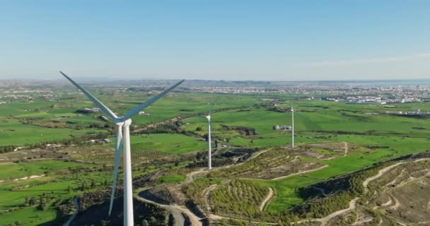 Aerial View Beautiful Landscape Wind Farm Cyprus Production Electricity Alternative — Wideo stockowe