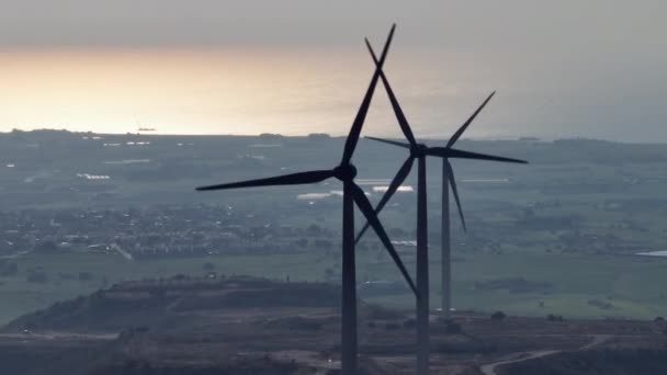 Aerial View Sunset Wind Power Station Windmills Seaside Landscape Produce — Stock video