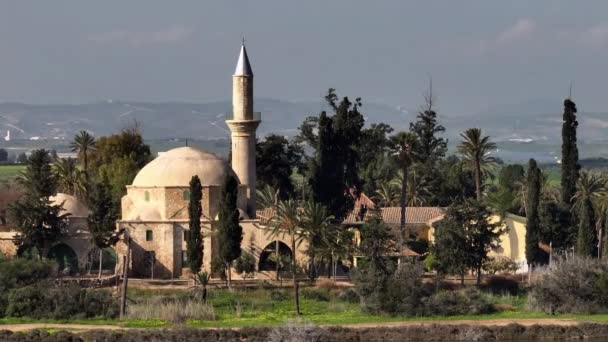 Aerial View Hala Sultan Tekke Larnaca Muslim Temple Surrounded Palm — Stockvideo