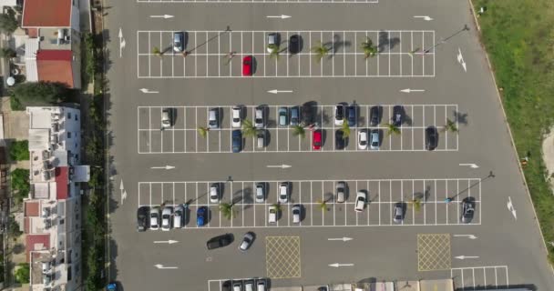 Вид Воздуха Парковки Много Автомобилей Торговый Центр Автомобили Припаркованы Ряд — стоковое видео