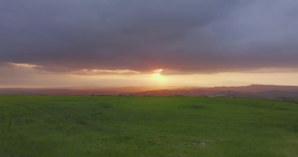 Aerial View Beautiful Landscape Green Fields Sunset Nature Rays Sun — Video Stock