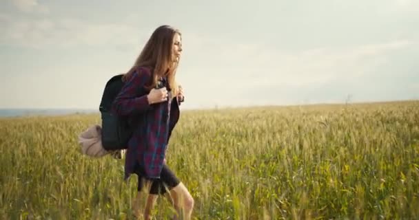 Beautiful Caucasian Dreamy Woman Walking Green Grass Girl Walking Field — Stockvideo