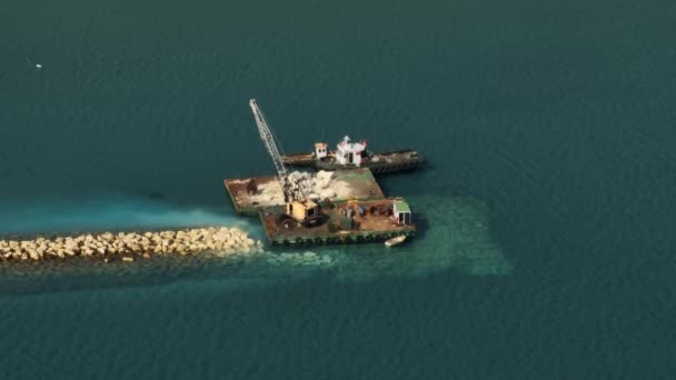 Aerial View Crane Loading Stones Barge Sea Industrial Coast Ocean — Video Stock