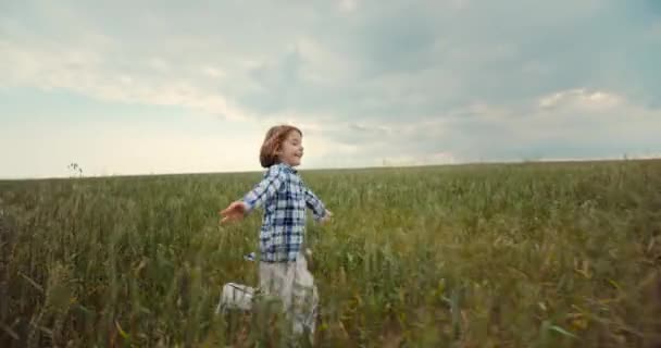 Beautiful Caucasian Smiling Girl Running Field Child Feels Freedom Happiness — Stockvideo