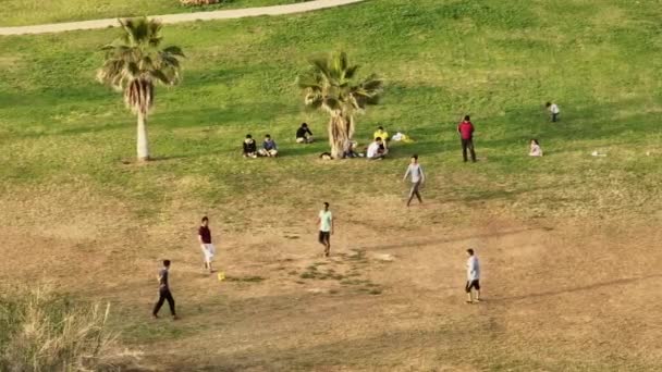 Vista Aérea Los Niños Jugando Fútbol Parque Divirtiéndose Recreación Activa — Vídeos de Stock