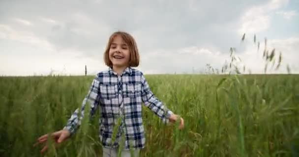 Χαμογελώντας Χαρούμενο Κορίτσι Τρέχει Ένα Πράσινο Γήπεδο Παιδί Είναι Ευτυχισμένο — Αρχείο Βίντεο