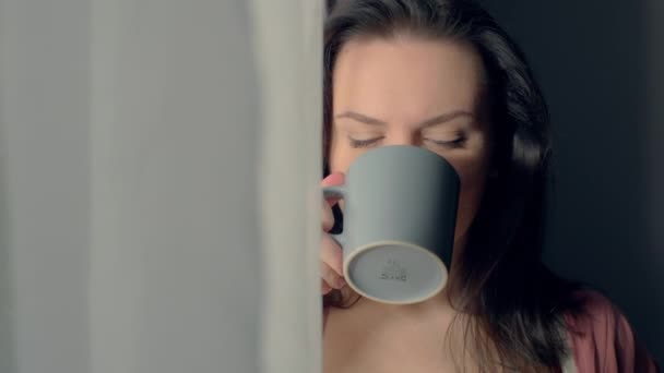 Närbild Vit Kvinna Med Kopp Kaffe Som Tittar Genom Morgonfönstret — Stockvideo