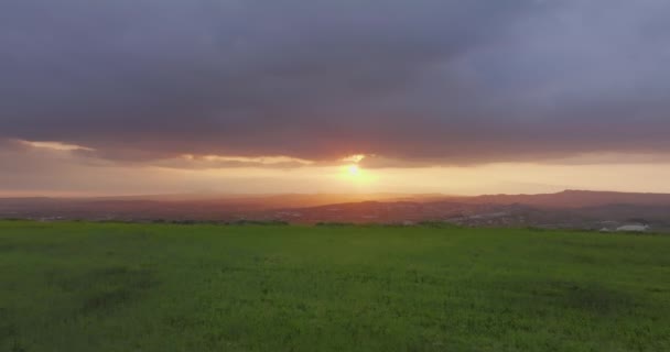 Αεροφωτογραφία Ηλιοβασίλεμα Ένα Πράσινο Πεδίο Καλλιέργεια Γεωργικών Προϊόντων Αγροκτήματα Ένα — Αρχείο Βίντεο