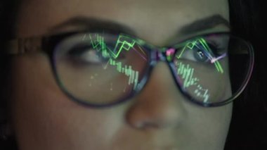 Pazar ve ticaret grafiklerini gösteren bir kadın bardağı. Monitörün yanındaki kripto para ve bitcoin analizlerine bakan bir iş kadını. Yüksek kalite 4k görüntü