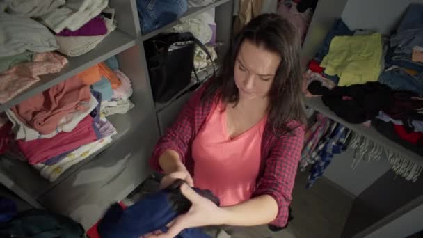 Woman Cleans House Puts Things Wardrobe Housewife Works Home High — Stock Video