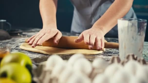 Close Female Hands Rolling Out Dough Making Homemade Pie Baking — Stock Video