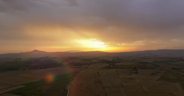 Αεροφωτογραφία Των Γεωργικών Αγρών Στο Ηλιοβασίλεμα Όμορφη Φύση Ηλιαχτίδες Υψηλής — Αρχείο Βίντεο