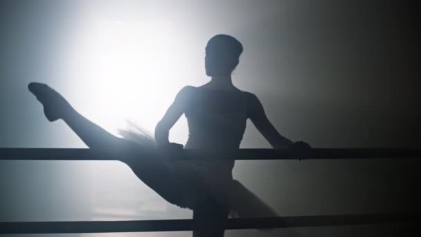 Ballerina Oefent Danspasjes Buurt Van Balletbar Hal Silhouet Van Een — Stockvideo