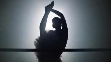 Balerin dans salonundaki bale barının yanında geriniyor. Bale ve opera gösterileri için hazırlık. Bale, koreografi ve dans sanatı. Yüksek kalite 4k görüntü