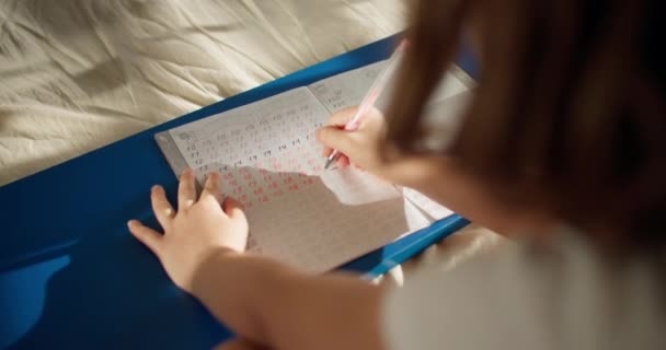 Girl Learns Write Numbers Notebook Pen Development Teaching Children Homework — Stock Video