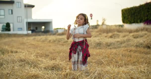 Веселая Девушка Танцует Поле Скошенного Сена Счастливый Ребенок Веселится Танцует — стоковое видео