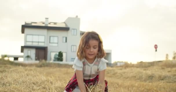 Счастливая Девушка Рассеивает Травяное Сено Ферме Ребенок Природа Отдых Улыбки — стоковое видео