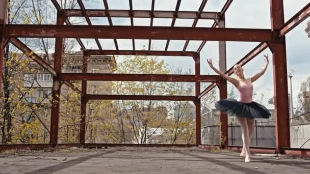 通りの都会の風景の中で美しいコーカサスのバレリーナダンス 都会の植物の風景の中に優しいダンス 古典舞踊の優しい動き 高品質4K映像 — ストック動画