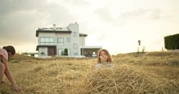 两个姐妹在农场里快乐地玩耍着的童年 孩子们和女孩们在田里一起扔干草很开心 高质量的4K镜头 — 图库视频影像