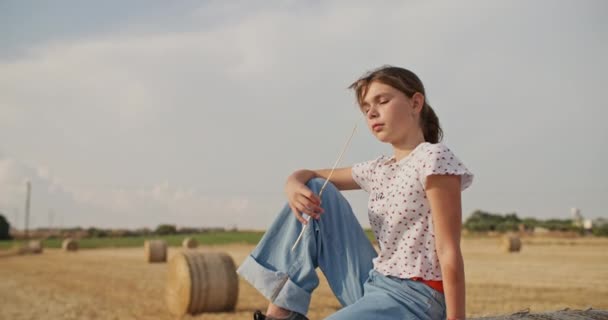 一个可爱的白人模特儿梦游般地坐在干草上 田里的农场里流行的概念 一个深思熟虑的少年的画像 高质量的4K镜头 — 图库视频影像