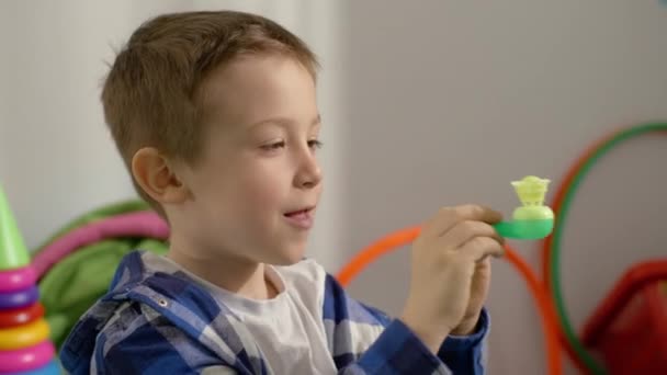Boy Performs Special Breathing Exercises Class Childrens Games Make Breathing — Stock Video