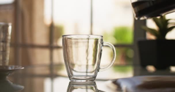 Morning Ritual Serene Moments Pouring Coffee Cup Kitchen Coast Высококачественные — стоковое видео