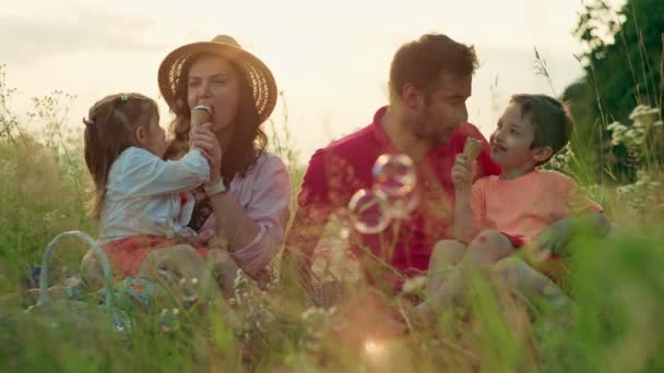 Joyful European Family Desfrutando Sorvete Piquenique Parque Sentado Grama Imagens — Vídeo de Stock
