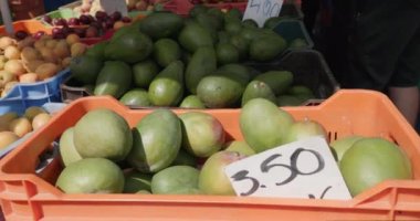 Pazar tezgahında mango meyvesi yakın çekim. Çiftlik bahçelerinden güzel taze meyveler. Yüksek kalite 4k görüntü