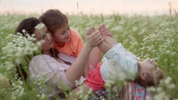 お母さんは子供たちと遊んでいて 夕暮れ時に芝生の中で遊んでいます 子供の幸せな家族の子供のための親の愛の概念は夢を見る 高品質4K — ストック動画