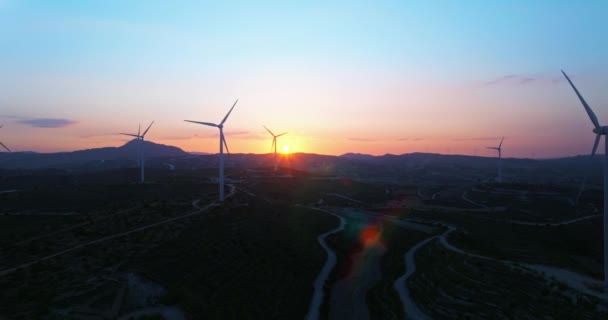 Aerial View Alternative Method Generating Electricity Windmills Beautiful Landscape Sunset — Stock Video