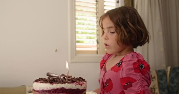 케이크에 촛불을 터트리지 못하는 소녀의 감동적 비디오 고품질 — 비디오