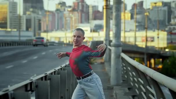 Handsome Young Man Dancing City Road Car Urban Moving Dance — Vídeos de Stock