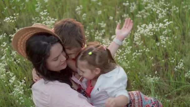 Son Daughter Hug Mother While Sitting Grass Happy Moments Life — Vídeo de Stock