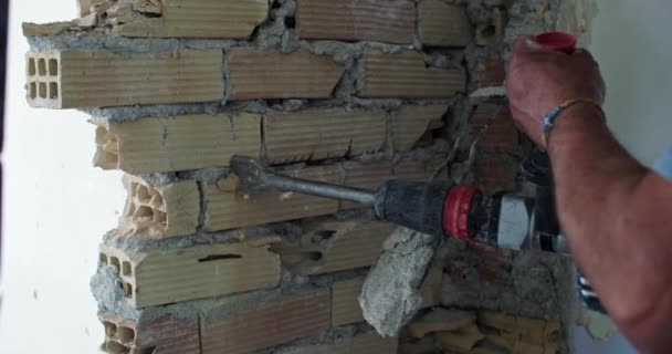 Builder Dismantles Wall Jackhammer Worker Hard Work Construction Site High — Stock Video