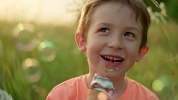 Крупный План Мальчика Который Ест Мороженое Траве Парке Ребенок Испачканный — стоковое видео