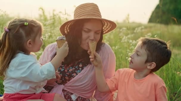 快乐的妈妈和孩子们在公园里的宁静的野餐中享受着冰淇淋的快乐 体现着快乐童年的概念 散发着家庭幸福的微笑 高质量的4K镜头 — 图库视频影像
