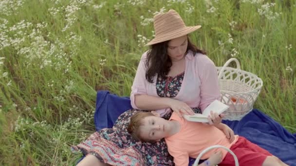 Mutter Liest Kindern Auf Der Wiese Vor Konzept Einer Glücklichen — Stockvideo