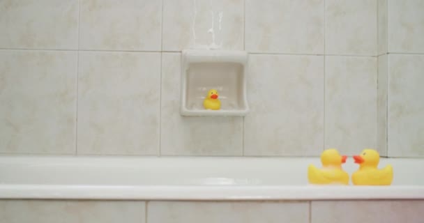 子供はトイレで入浴しながら楽しんで笑っています 女の子は風呂に入って遊んでいる 高品質の4K映像 — ストック動画