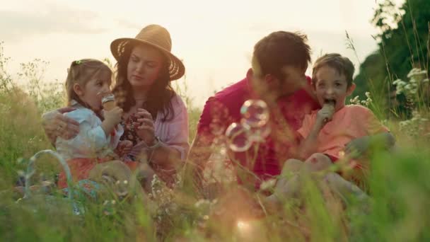 Семейное Счастье Европейское Семейное Наслаждение Мороженым Создание Счастливых Воспоминаний Парке — стоковое видео