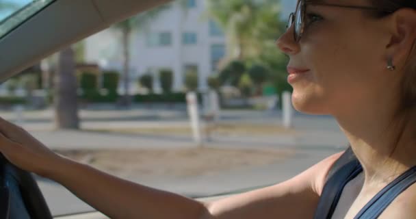Portrait Caucasian Woman Driving Car Girl Her Hands Steering Wheel — Stock Video