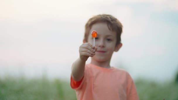 一个白人男孩在公园里吃棒棒糖 快乐的孩子带着糖果和糖果笑着 高质量的4K镜头 — 图库视频影像