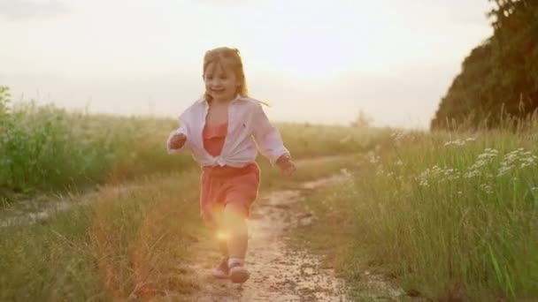석양에 들판을 가로지르는 드레스를 소녀의 비디오 활기찬 미소짓는 아이가 시골길을 — 비디오