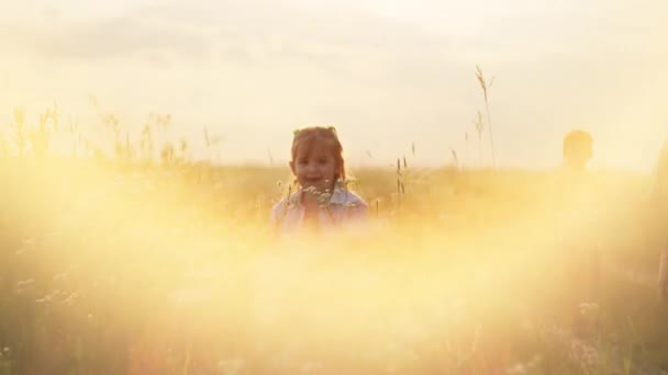 Счастливая Улыбающаяся Девочка Бежит Полю Концепция Счастья Детей Улыбается Сосуществованию — стоковое видео